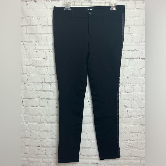 Paige Black Skinny Pants with Leather Tuxedo Stripe - Picture 2 of 13